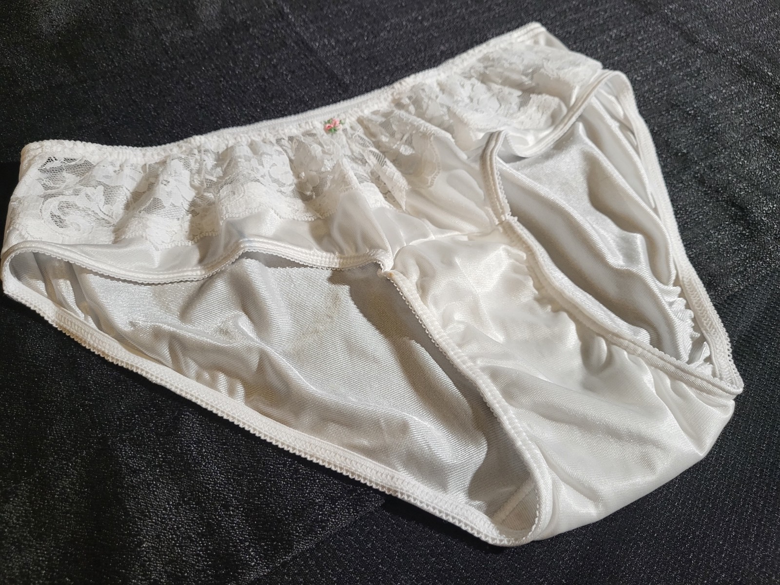 Vtg 80s White Satin Nylon NOS Sheer Lace Pink Rosebud Bridal Romantic Feminine