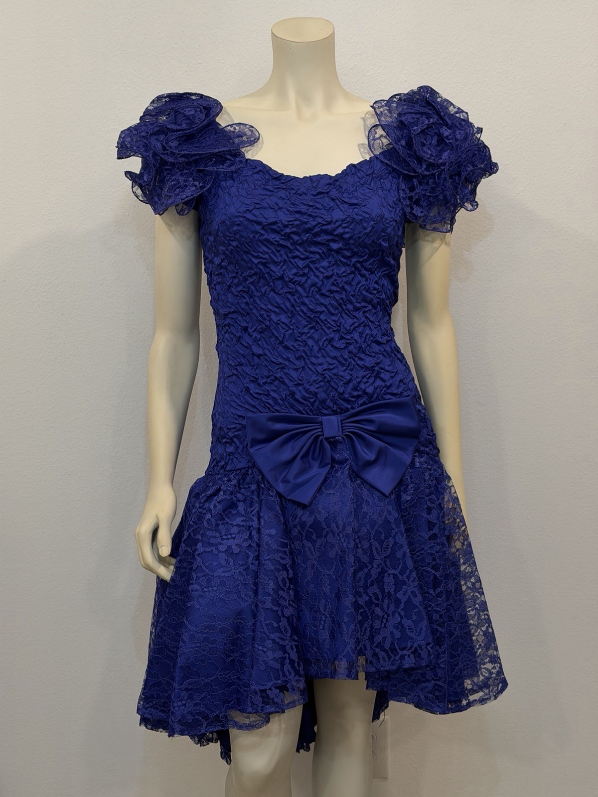 Vtg 1980s Purple Lace Party Prom Dress Puff Sleeve Drop Waist Bow USA Union Made
