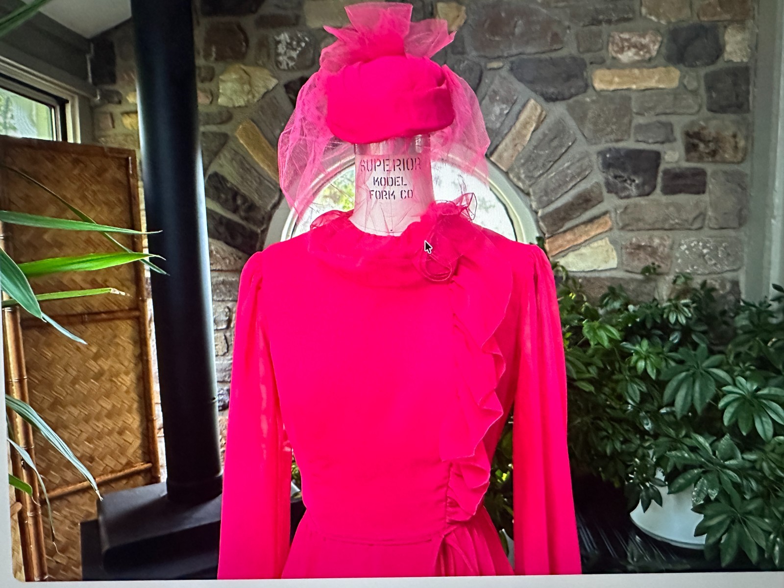 Vintage 1970s Deep Pink Chiffon Bridesmaid Dress Veil Hat House Bianchi Boston