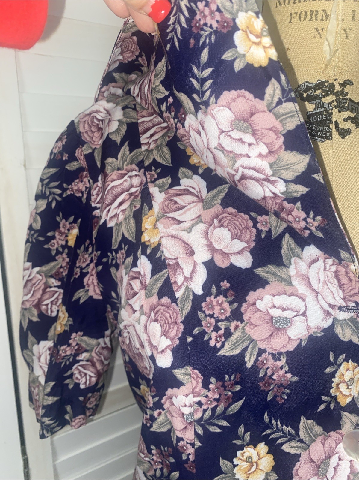Vtg 80s Betsys Things Modest Cottagecore Navy Floral Rayon & Lace Midi Dress LRG
