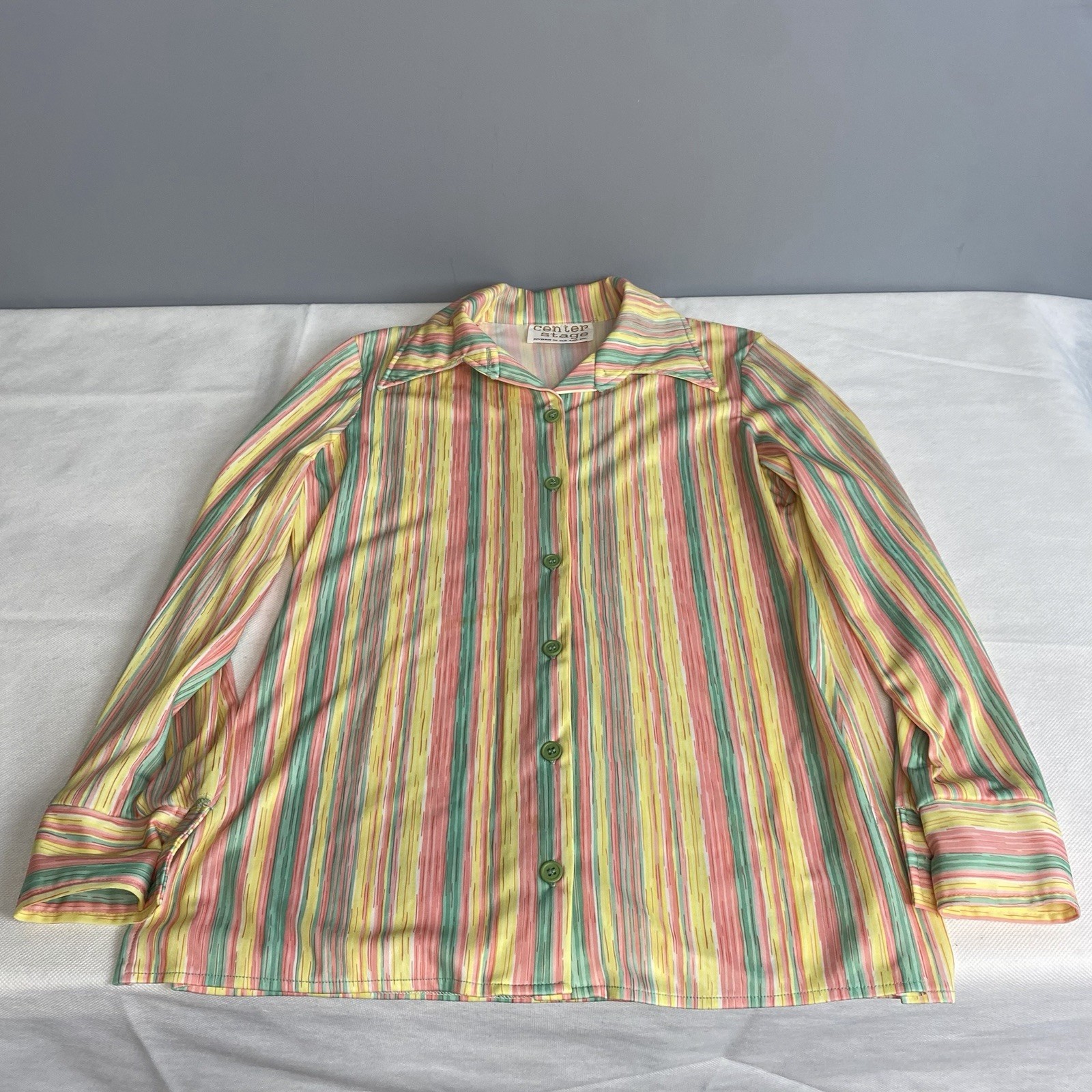 Vintage 70s Center Stage Button Down Shirt Women Medium Yellow Stripe Disco Flaw