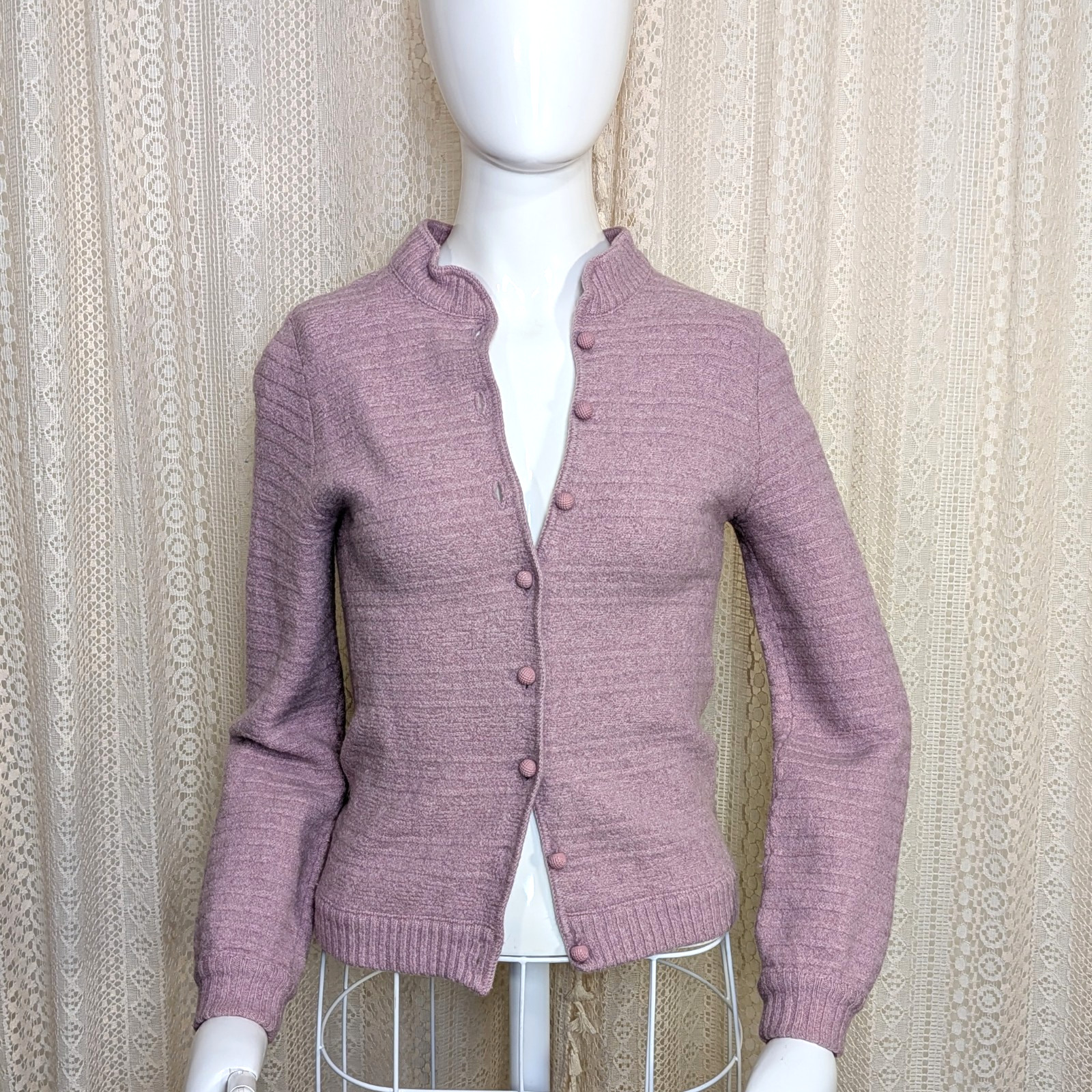 Vtg 60s Dalton Lilac Purple 100% Virgin Wool Pin Up Sweater Girl Cardigan XS S