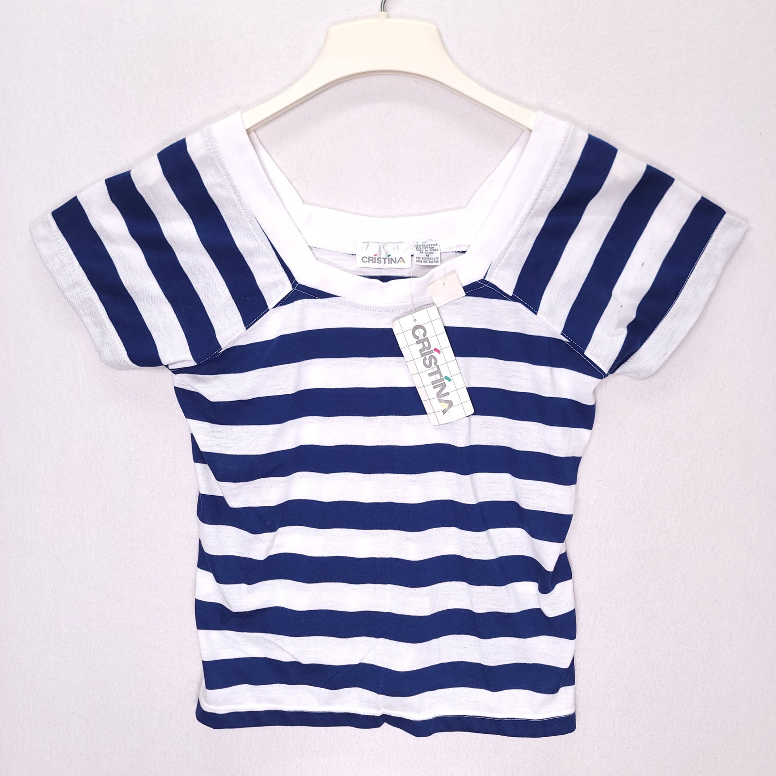 Cristina Vintage 90s Navy White Striped Square Neck Top Womens Medium NWT