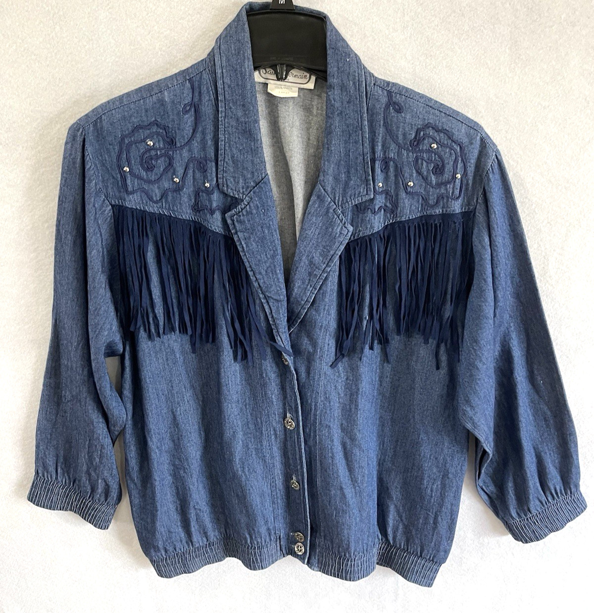 Rare Vintage Denim Fringe shirt-Jacket L 80’s Western Cowgirl Rodeo Festival