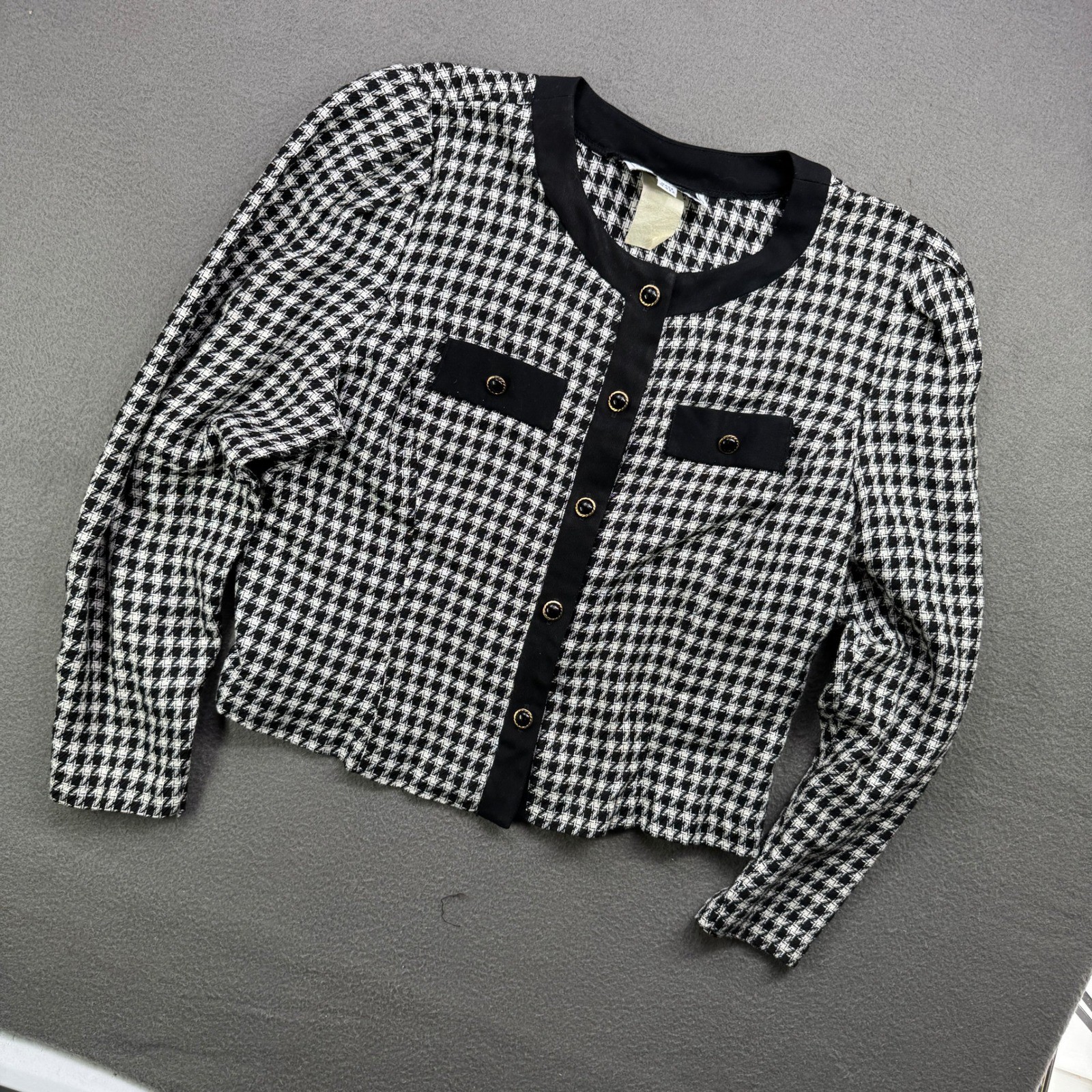Vintage 80s JT Dress Jacket Women 10 Black Houndstooth Rayon Button Made USA
