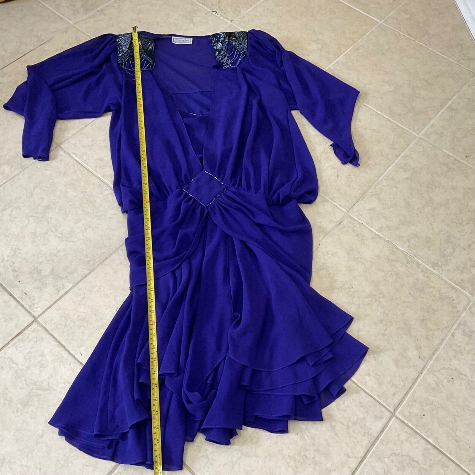 Casadei 1980s Double Layered Formal Dress M/L Purple beaded shoulders Art Deco