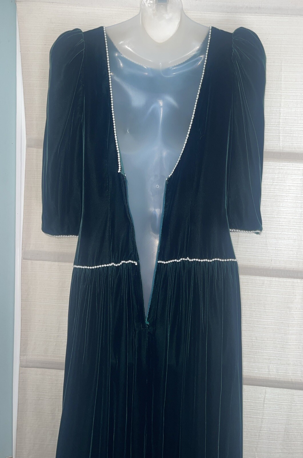 VTG Victorian Hunter Green Velvet Maxi Dress Custom Made For Wedding~Pearls~XS
