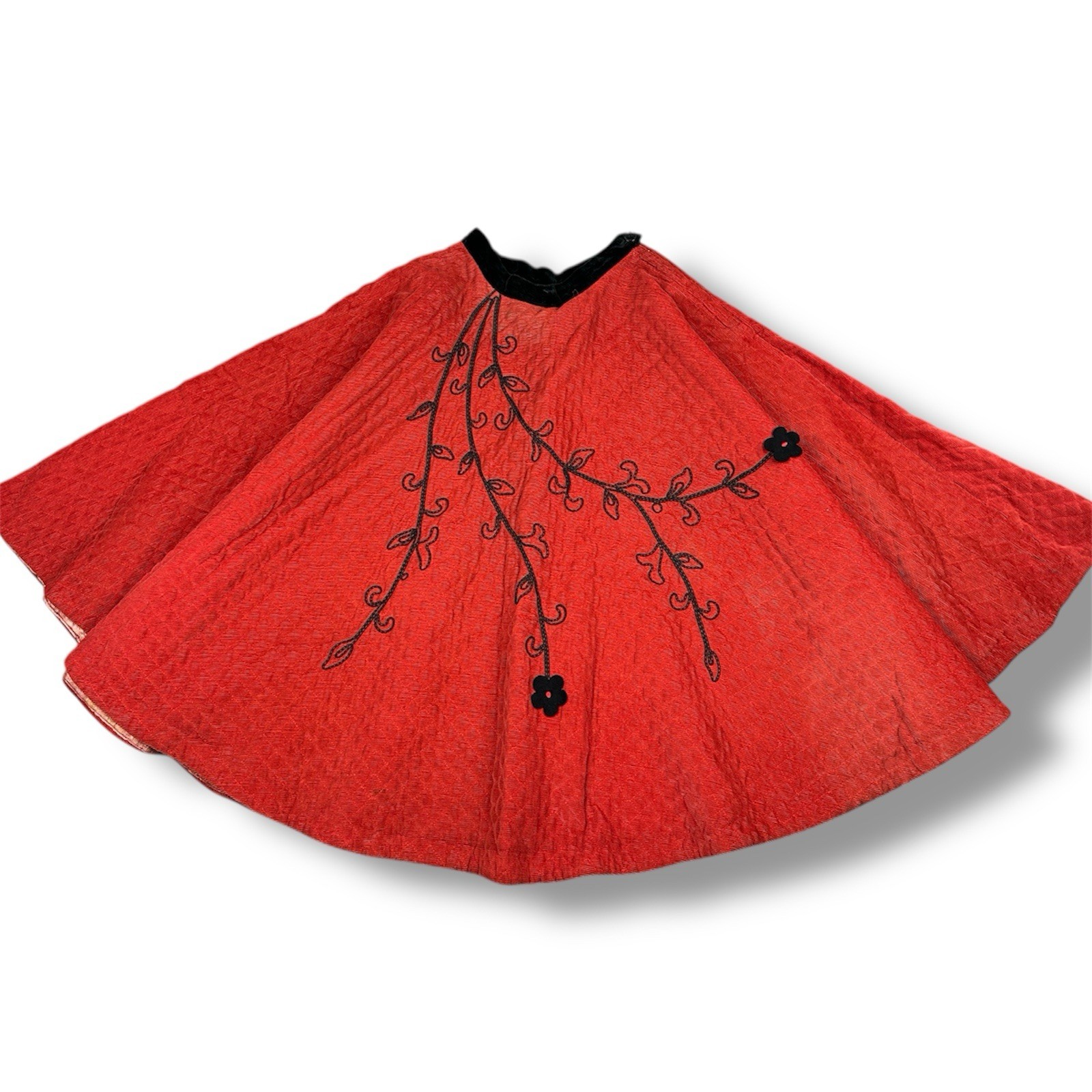 Vtg Quilted Red Swing Skirt Black Flower Handmade 24” Waist Midi 29” Long