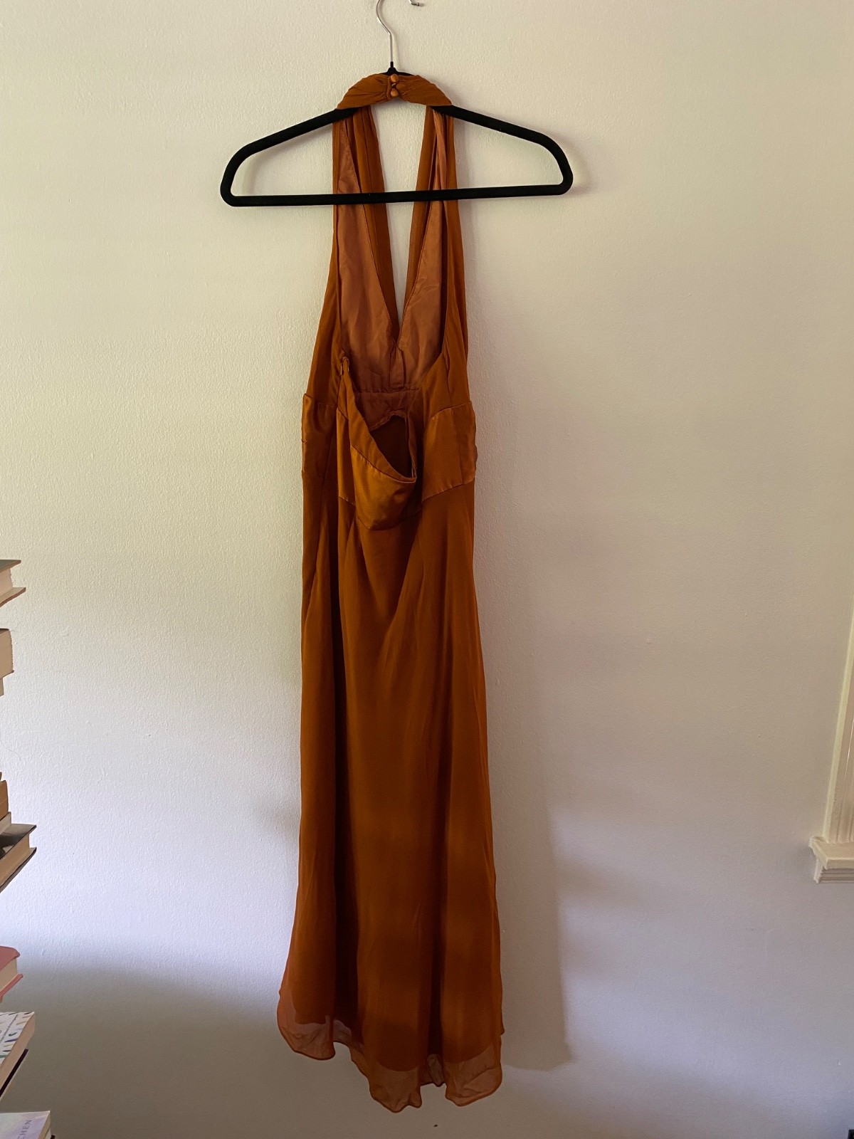 Vintage 100% Silk Burnt Orange Rust Halter Neck Chiffon Dress Boho Formal 6