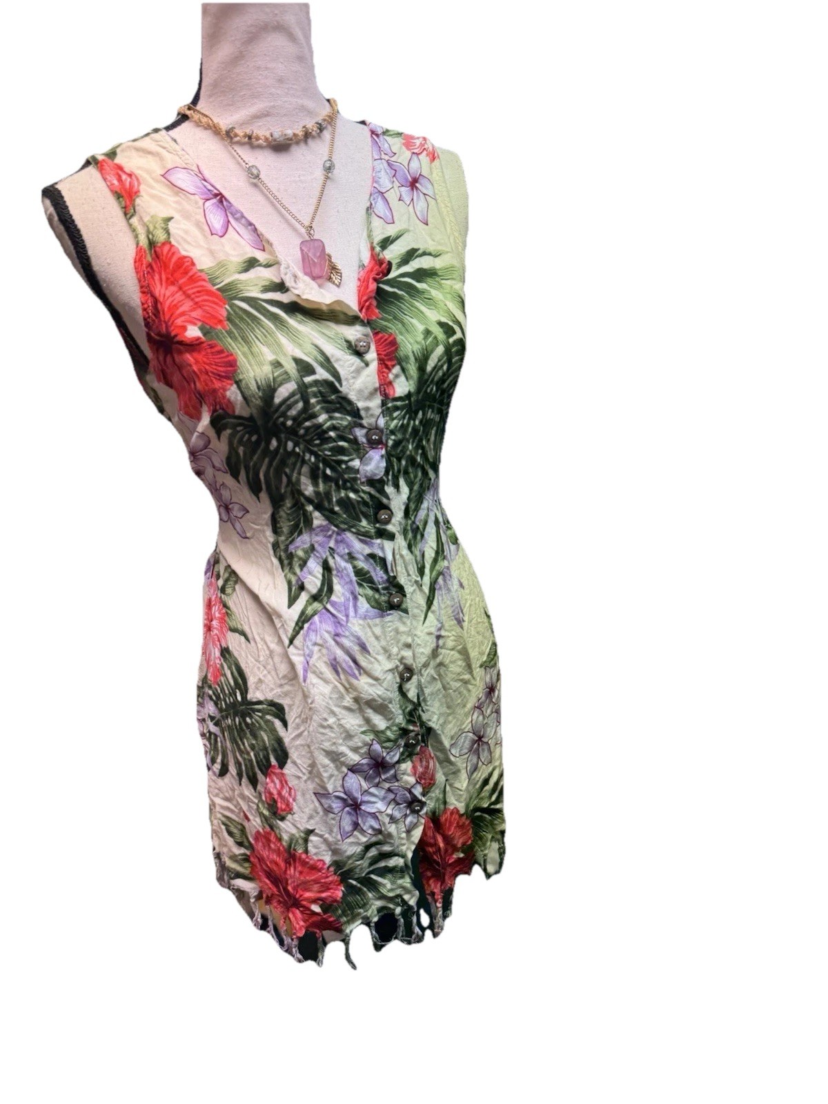 Vintage Hawaiian Dress Size L Y2K Retro Pencil Tropical Fringe Vacation Beach