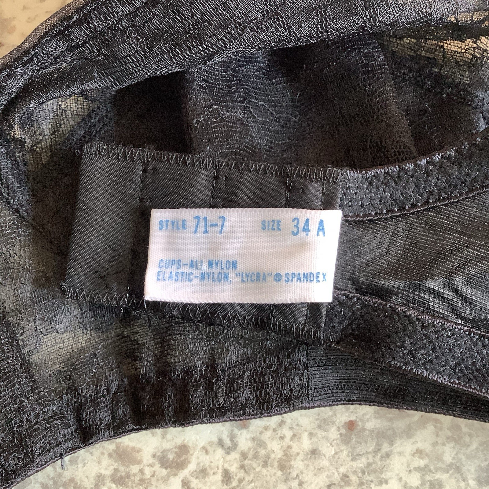 NOS Vintage Black VANITY FAIR Nylon Pointy BRA Floral LACE Sheer Bullet SZ. 34A