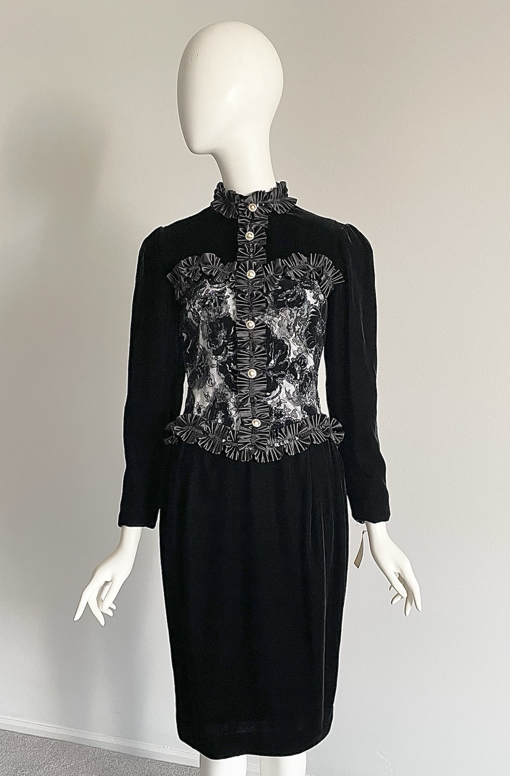 Vintage 1980s Zandra Rhodes Velvet Lace Glitter Corset Bustier Dress Ruffle