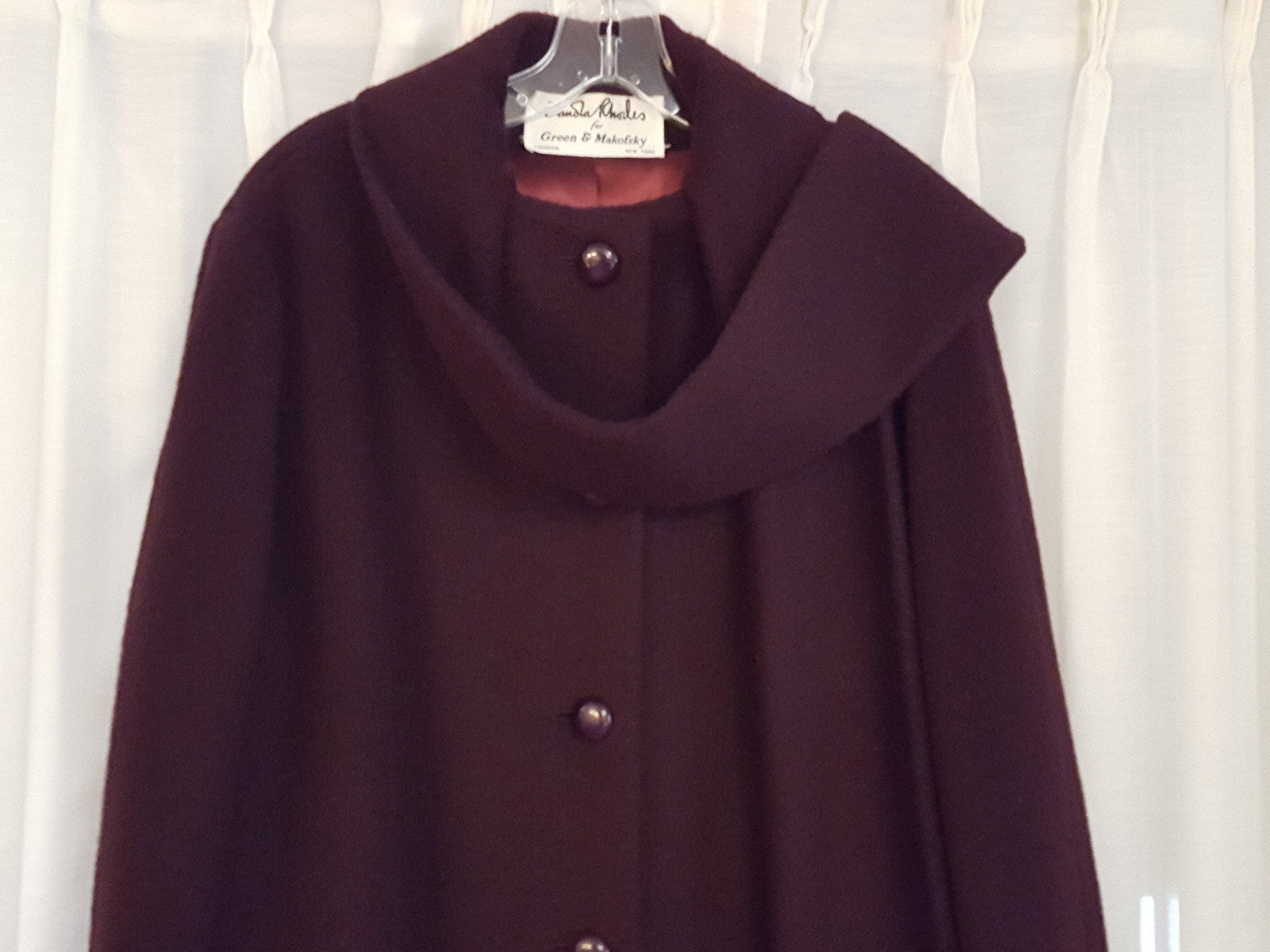 Zandra Rhodes Designer Ladies 100% Wool Coat, Vintage 1980s, Deep Burgandy Color