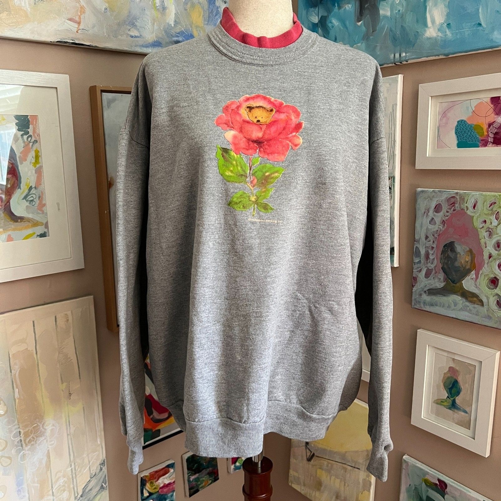Vintage 90s Morning Sun Teddy Bear Rose Sweatshirt Hallmark Grandma Cozy Size XL