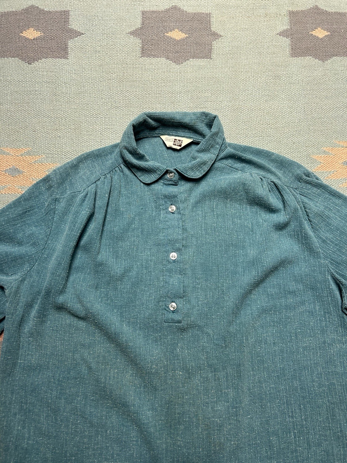 Vintage 70s short sleeve pullover shirt blue textured 1/2 button women’s 42 XL