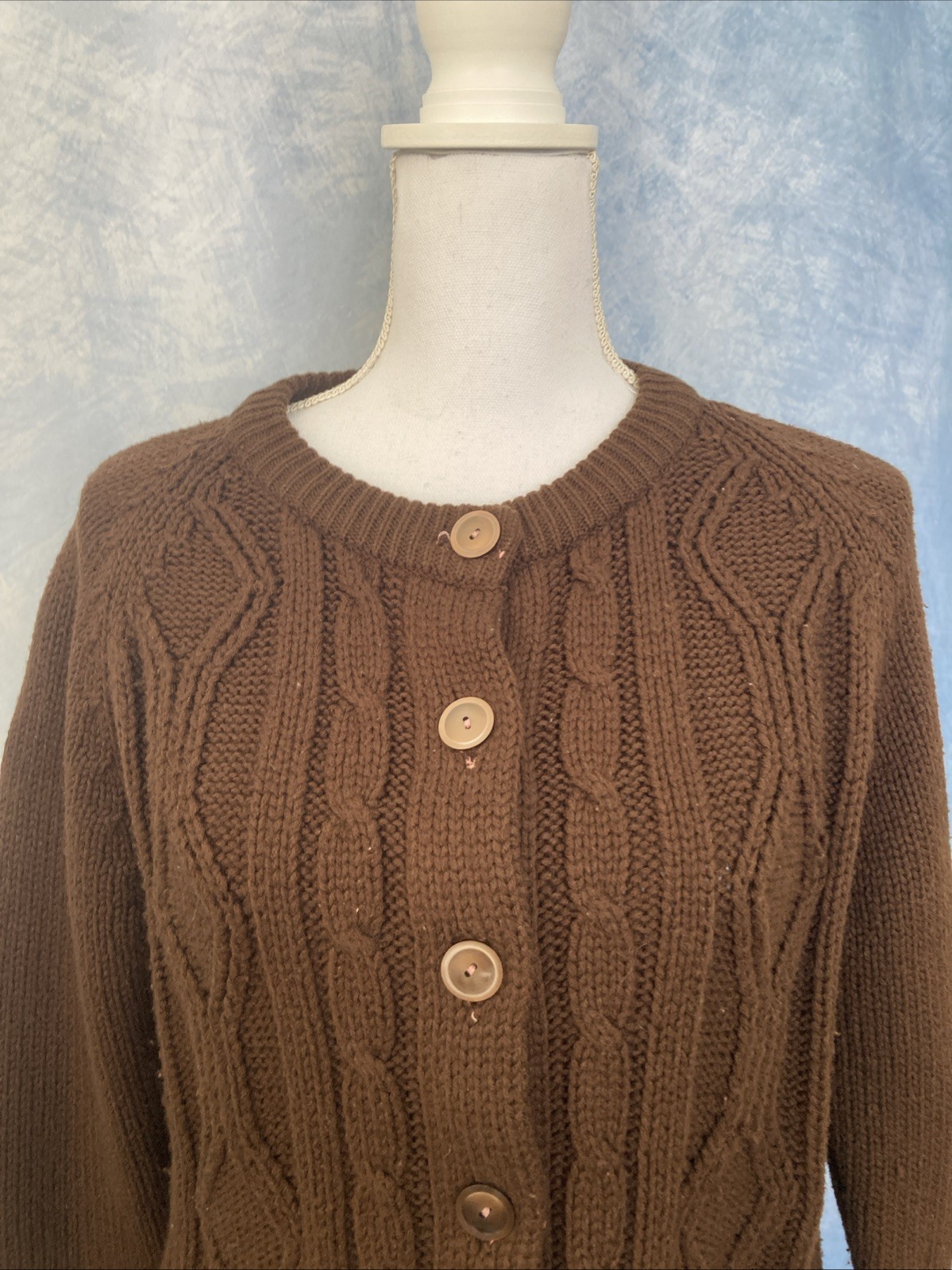 Vintage 1970s Women’s Brown Knit Cabled Acrylic Button Down Cardigan House Coat