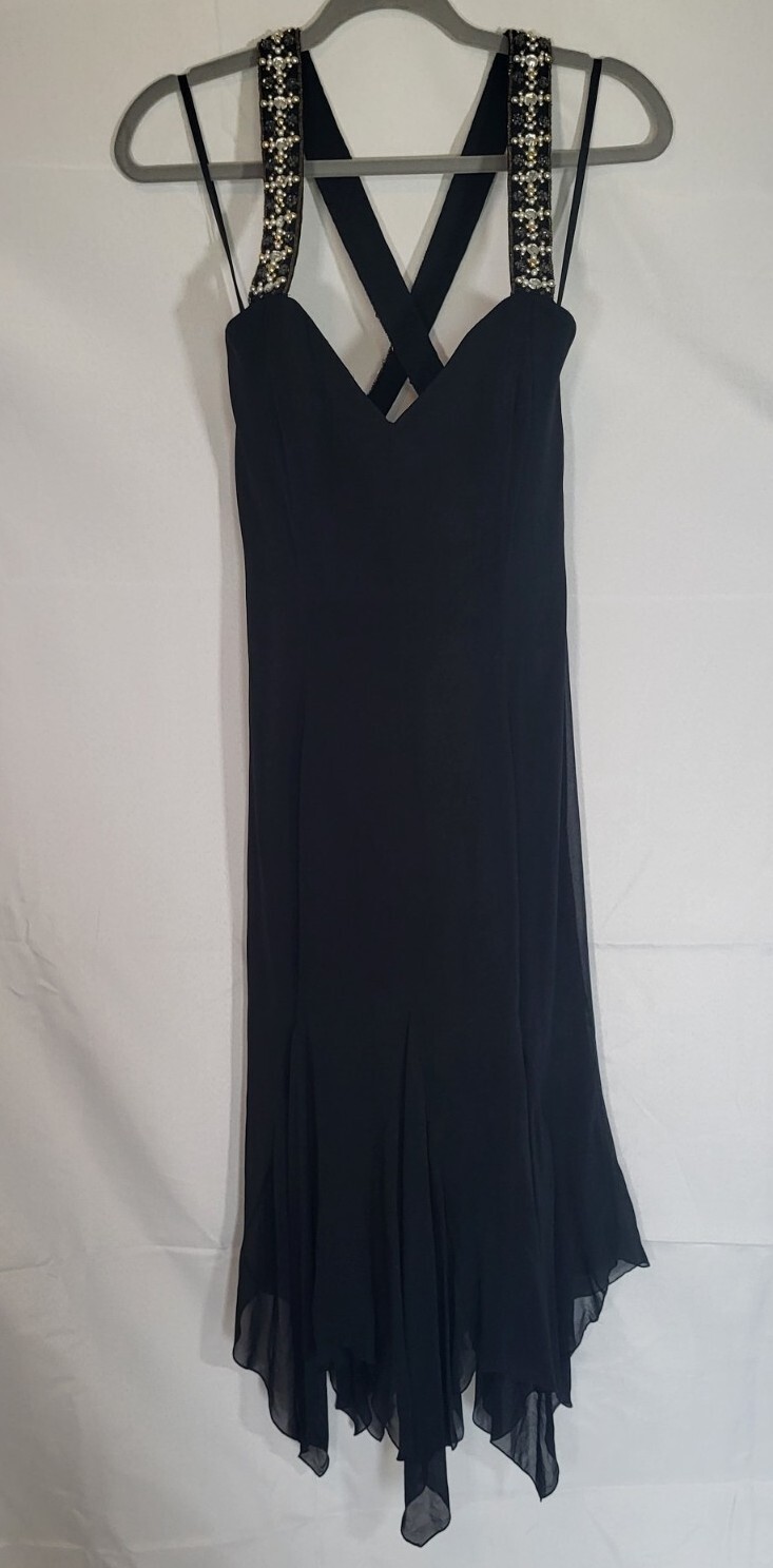 VTG Black SILK Embellished Cross Back dress SIZE 10 Nightline Della Roufogali