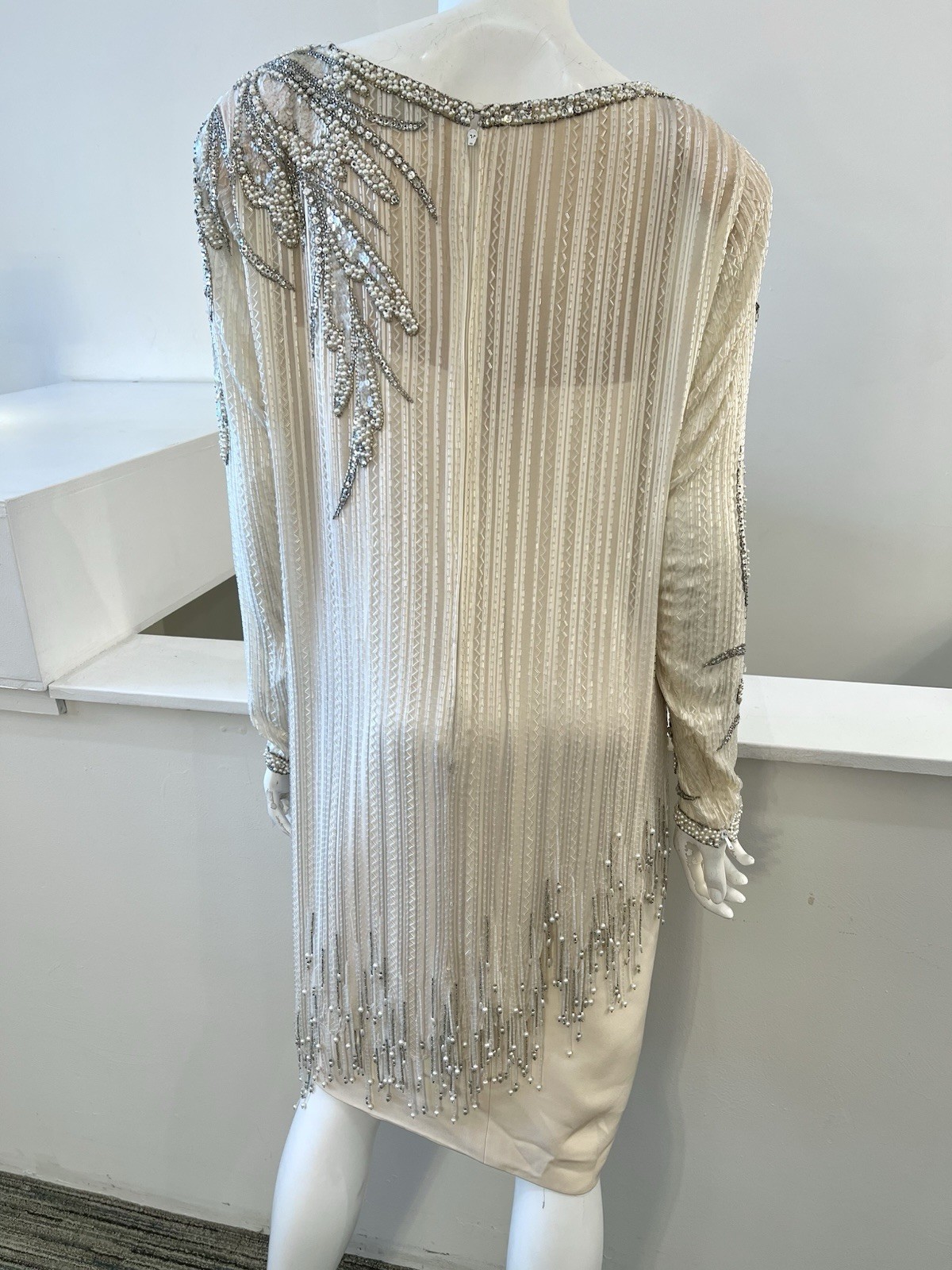 1980s BOB MACKIE Cream & Silver Beaded Silk Evening Dress Size 12