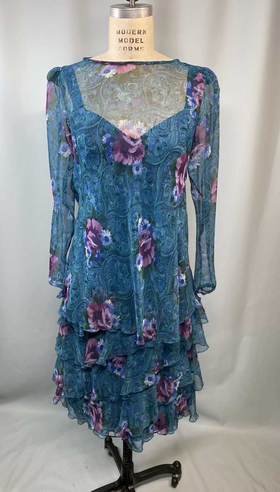 Vintage Dress SIZE 10 MEDIUM blue floral ruffle chiffon CATTIVA ANN HOBBS 80s 90