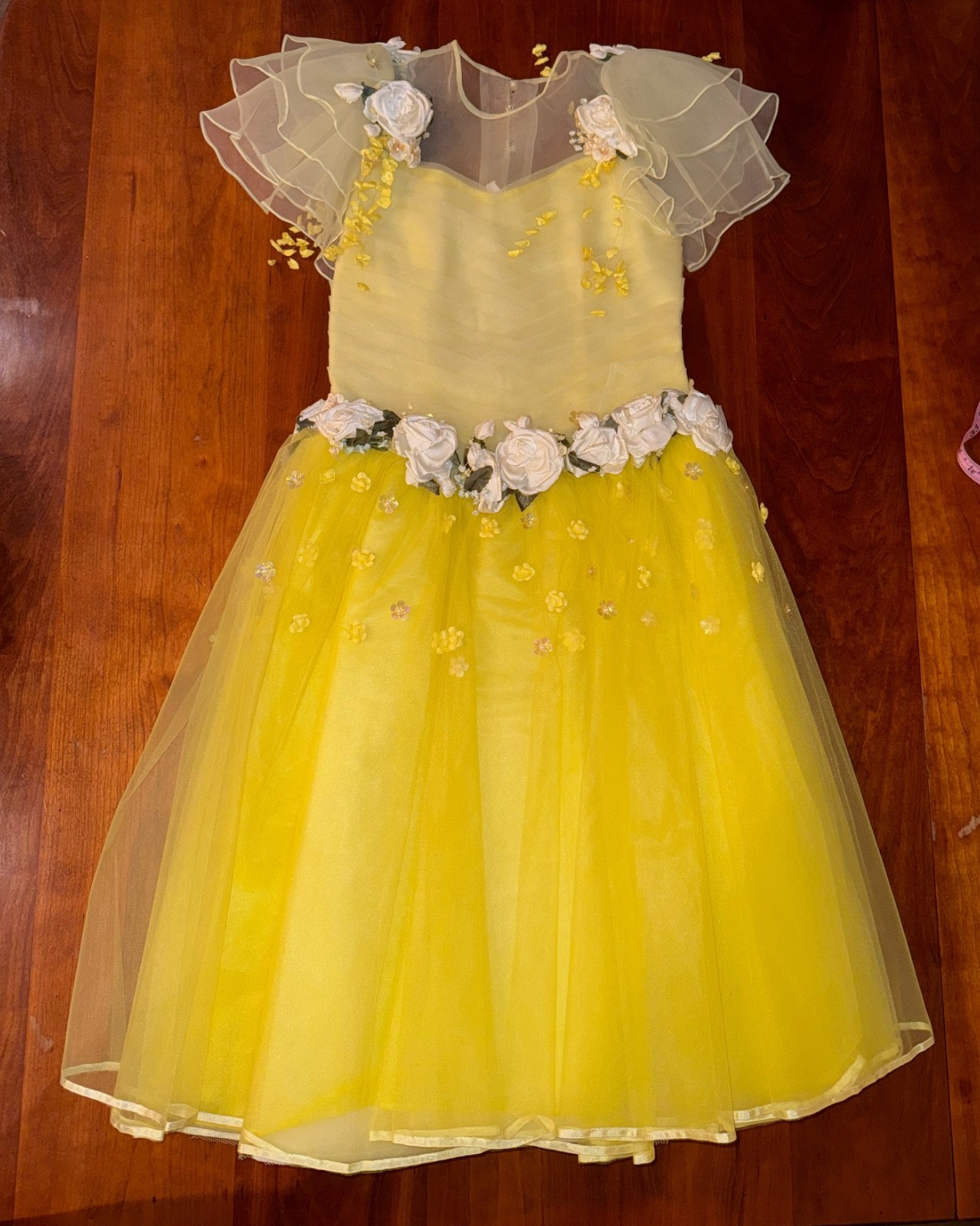 VTG 50s Tulle Gown Prom Dress Yellow Cupcake Illusion Neckline Cotillion XS