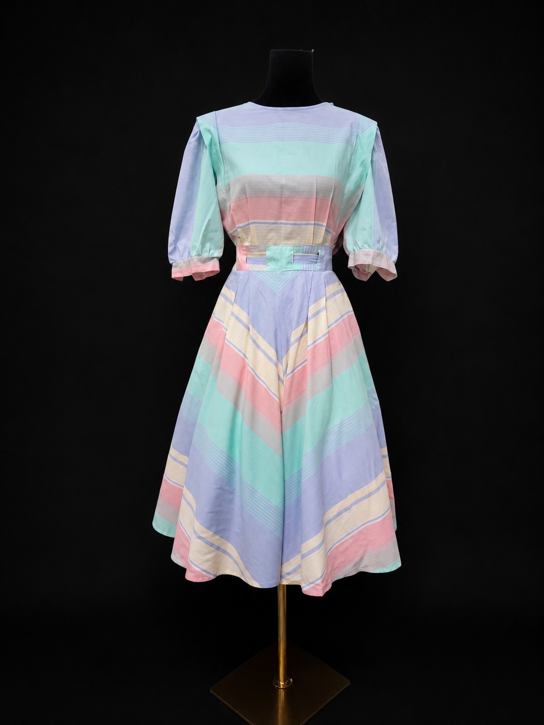 VTG 80s Pastel Stripe Fit & Flare Midi Dress Belted Cottagecore Prairie Secretar
