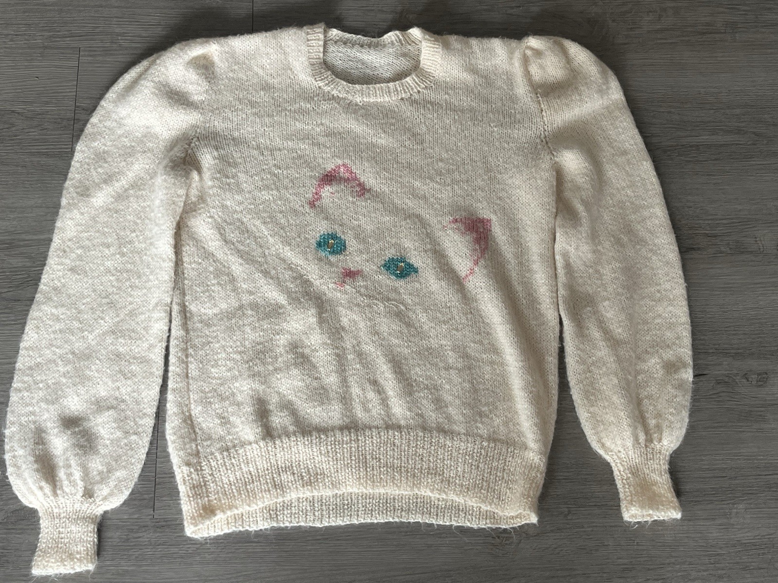 Vtg 80s Mohair Blend Knit Cat Sweater Cream Pink Teal Puffy Sleeve Kawaii Sz L