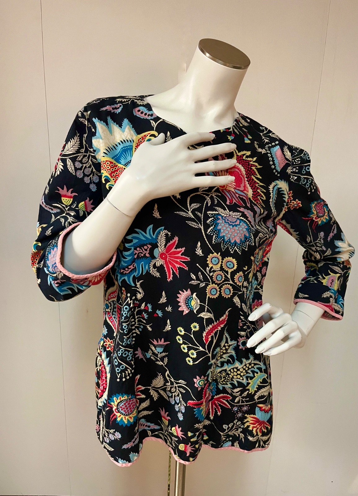 J Peterman Art Deco Japanese Print Fitted Side Zipper Tunic Blouse Bust 34-39