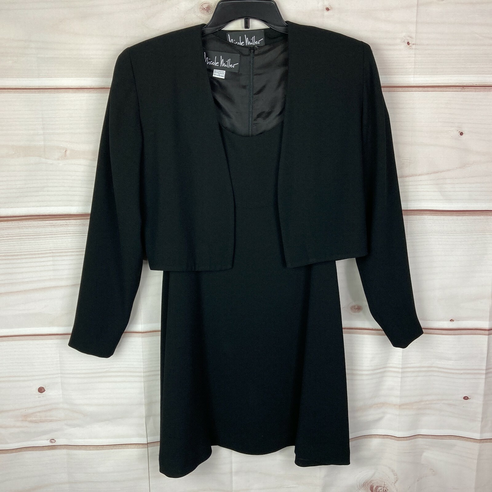 Nicole Miller Vintage Dress Jacket Set Womens 12 Black 90s Shift Solid Lined