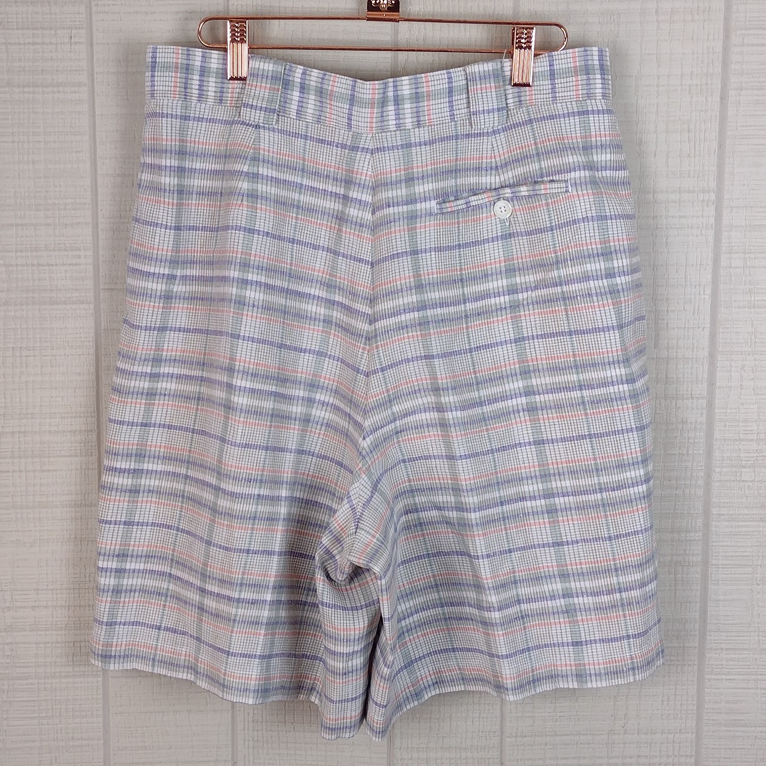 Vintage 90s Carol Horn Shorts Linen Blend Pleated Wide Leg Pastel Plaid 16 Large