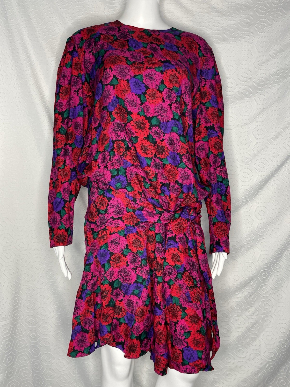 Vintage 80s Liz Claiborne Silk Floral Dress 12 P Pink Red Purple Drop Waist Sash