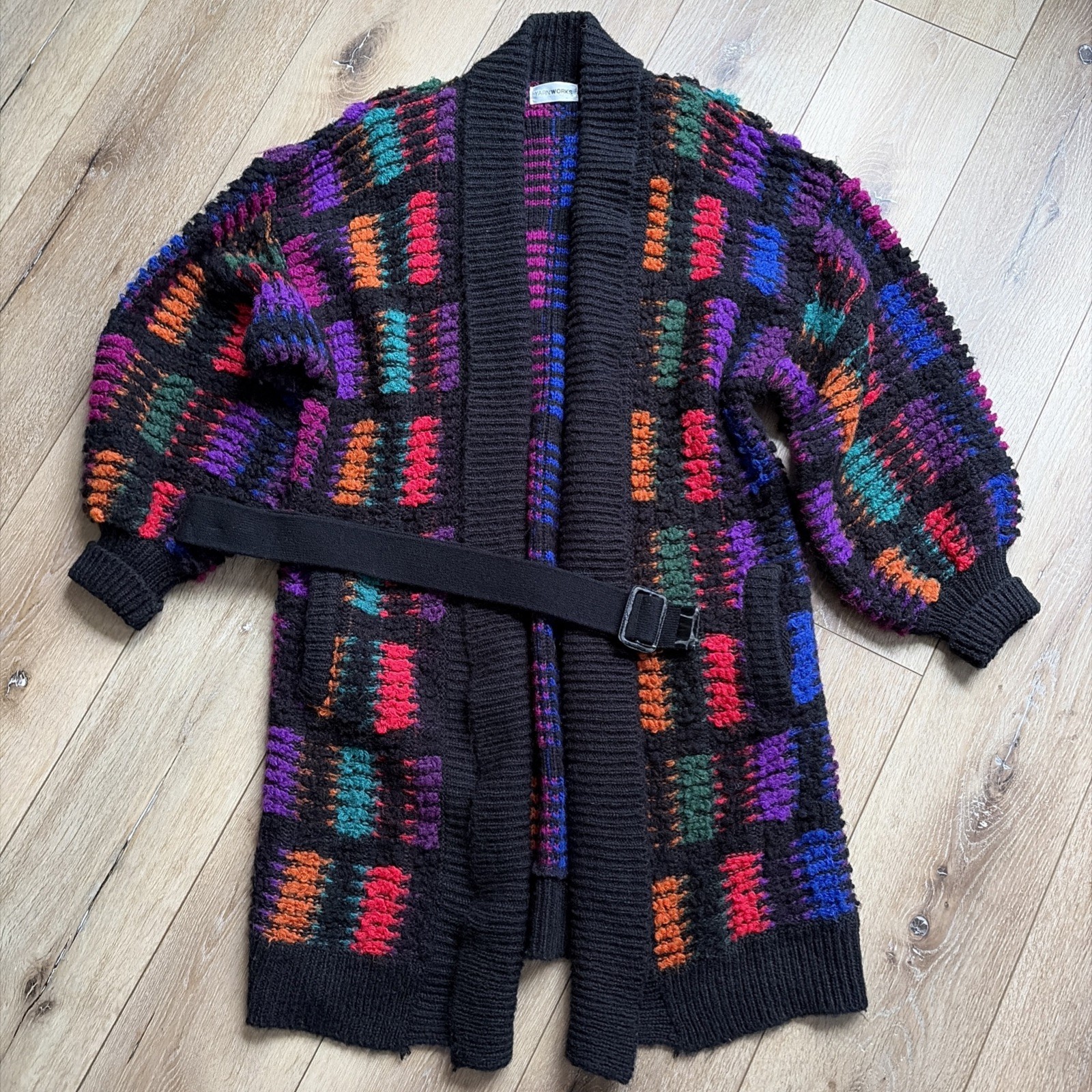 Vintage Yarnworks Womens Belted Long Cardigan Sweater Chunky Funky Art 80s Sz L