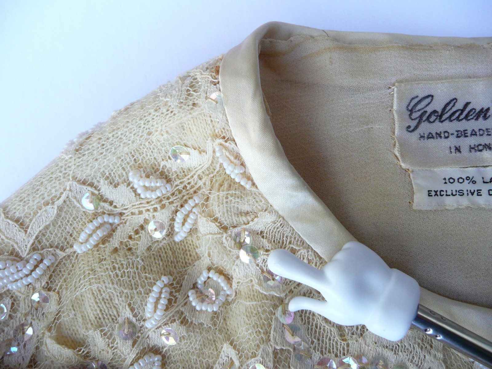 Vintage Golden Phoenix Distressed Ivory Hand Beaded Sweater Size 10 Lamb’s Wool