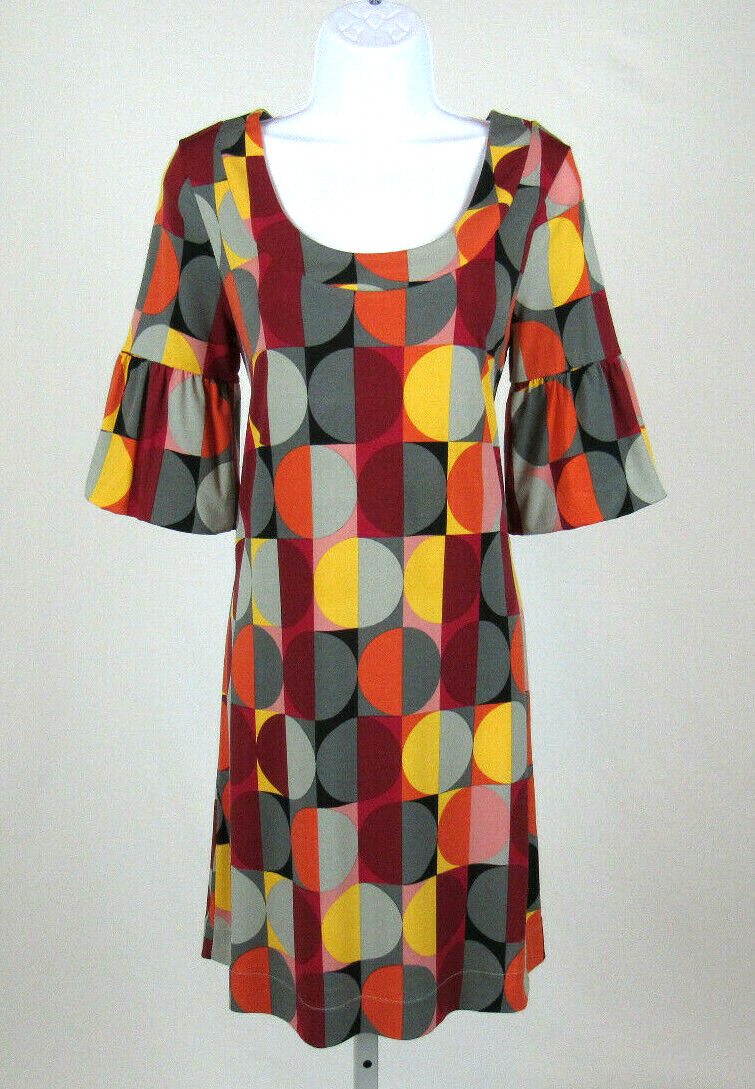 VTG 1980s 90s ELLE SMALL POLY SPANDEX DRESS MOD GEOMETRIC PATTERN PUFFY CUFFS