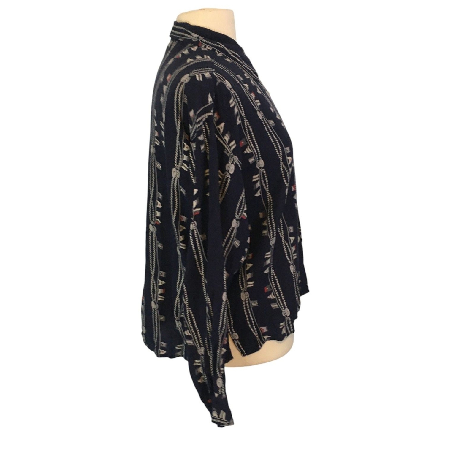 Espirit Sport Vintage 80s Navy Blue Nautical Print Button Front Shirt, Top sz S