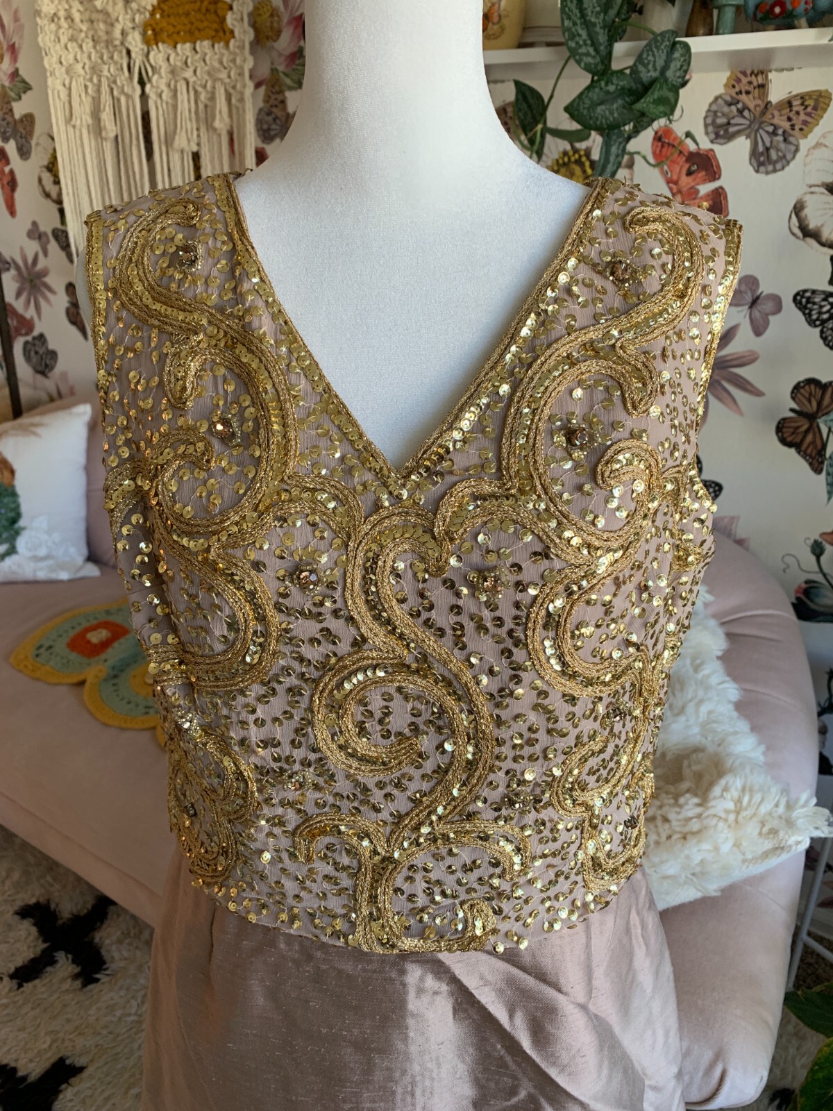 Vintage PARUES FEINSTEIN Sequins DRESS Silk Late 50s Early 60s Medium M 8