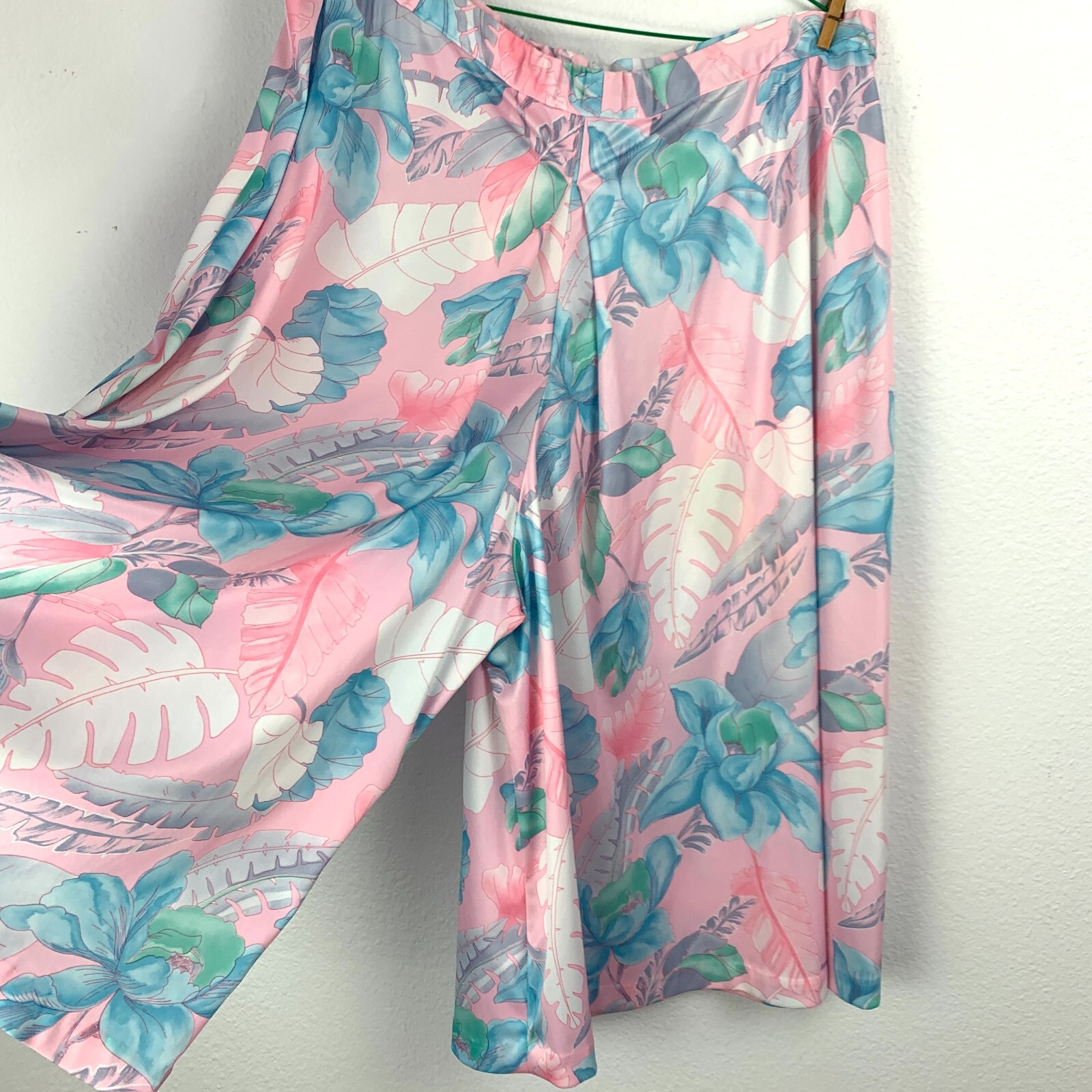 Vtg Slick Oversized Island Floral Pink Elastic Waist Harem Gaucho Pants