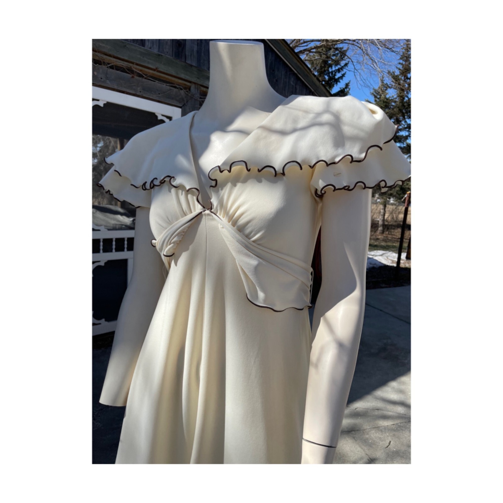 70s Ivory Maxi Dress Brown Ruffle Trim V Neck Cap Sleeve Wide Collar Wide Sash