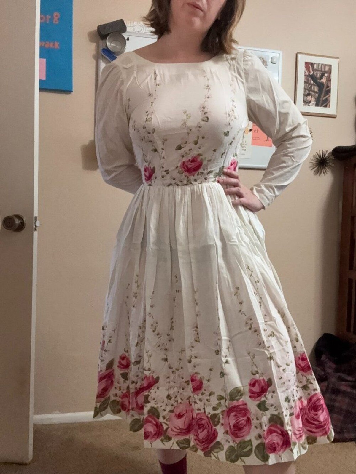 Vintage Pink Roses Floral Long Sleeve Midi Dress