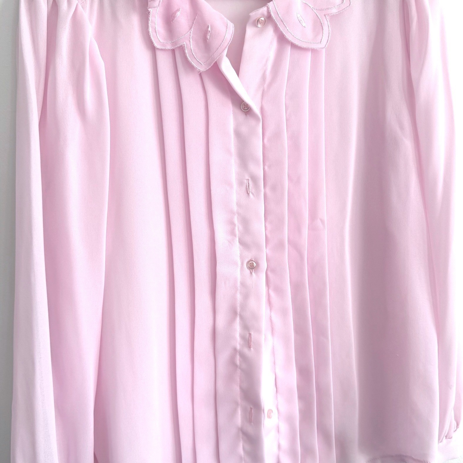 Vintage 80s Pink Pleated Embroidered Blouse Cottagecore Coquette Style Size L