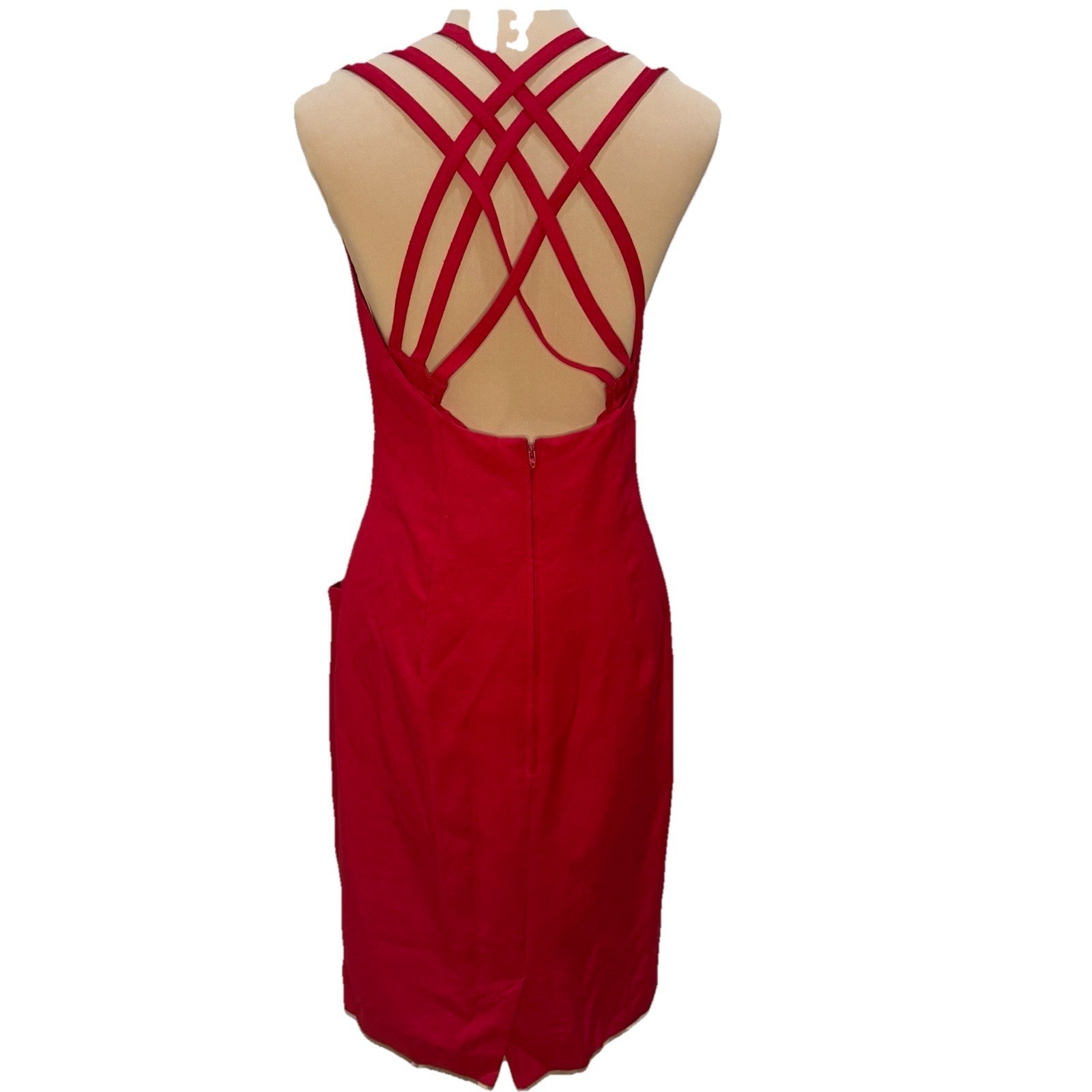 Vintage Kathryn Conover Sz 1 Red Apron Front Dress Strappy Back Pocket Cocktail