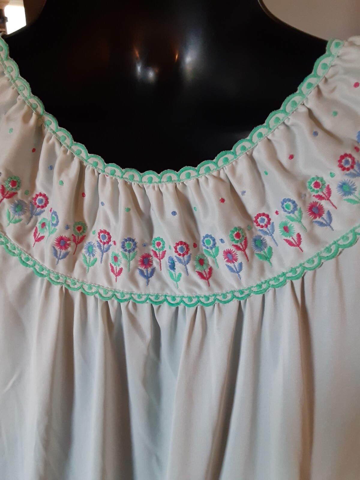 Vintage Komar Nightgown Large Nylon Teal Embroidered Floral Loungewear (READ)