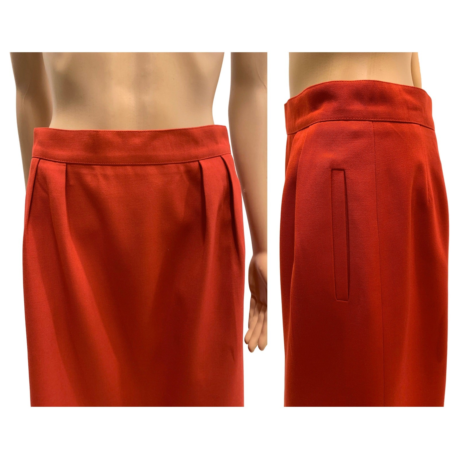 Vintage Ted Lapidus Brick Red Wool Midi Skirt France Straight Lined W 29.5″