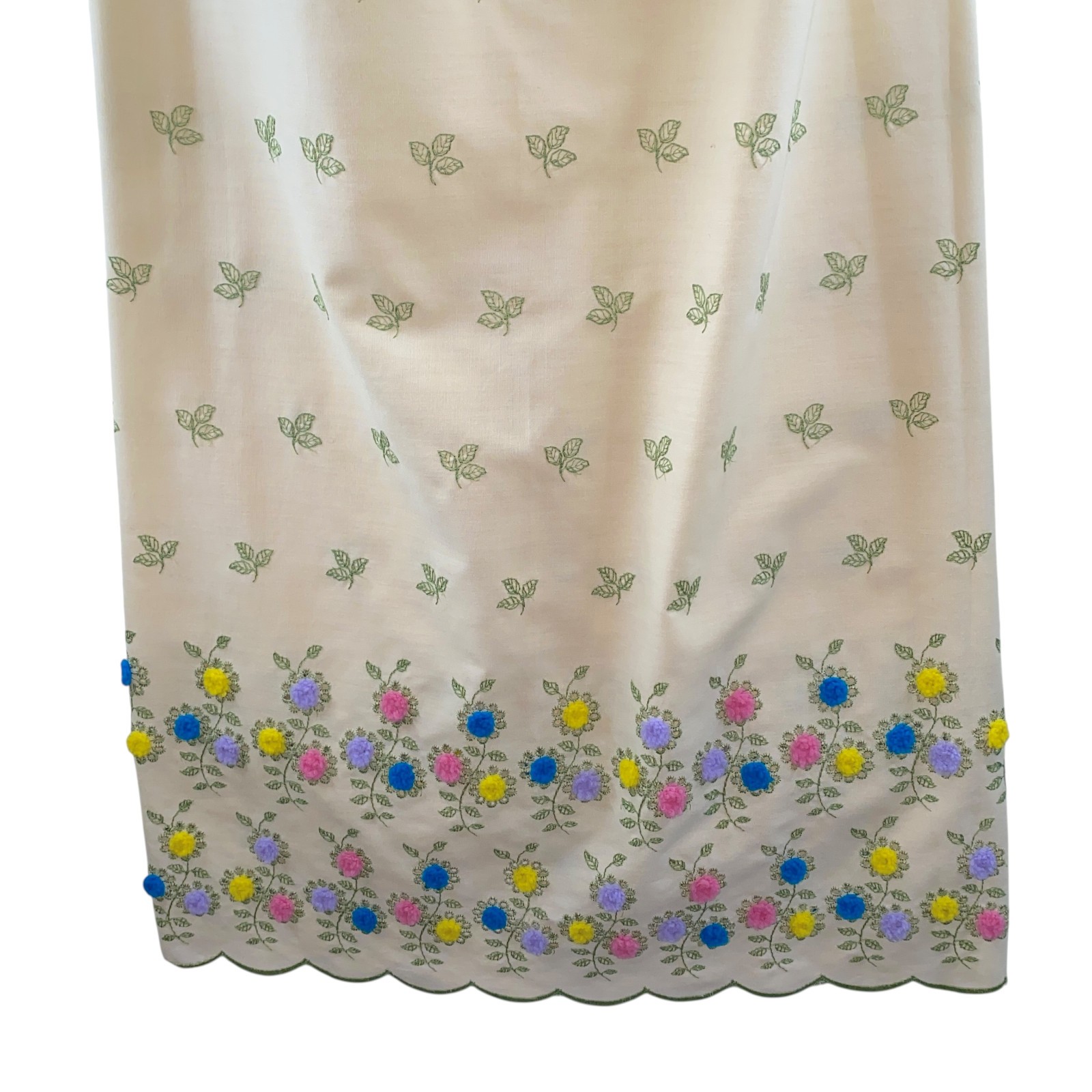 Bonwit Teller Vintage Skirt Set Medium Beige Green Eyelet Lace Leaves Pom Poms