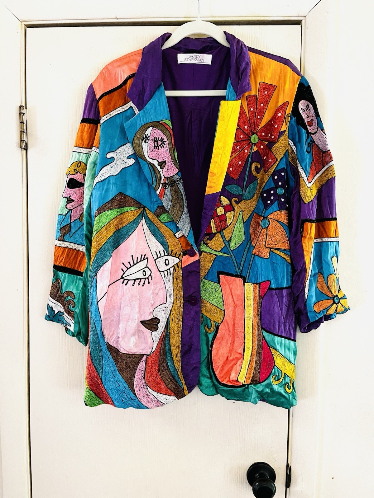 VTG Sandy Starkman Wearable Art Silk Picasso Inspired Boho Maximalism Jacket M