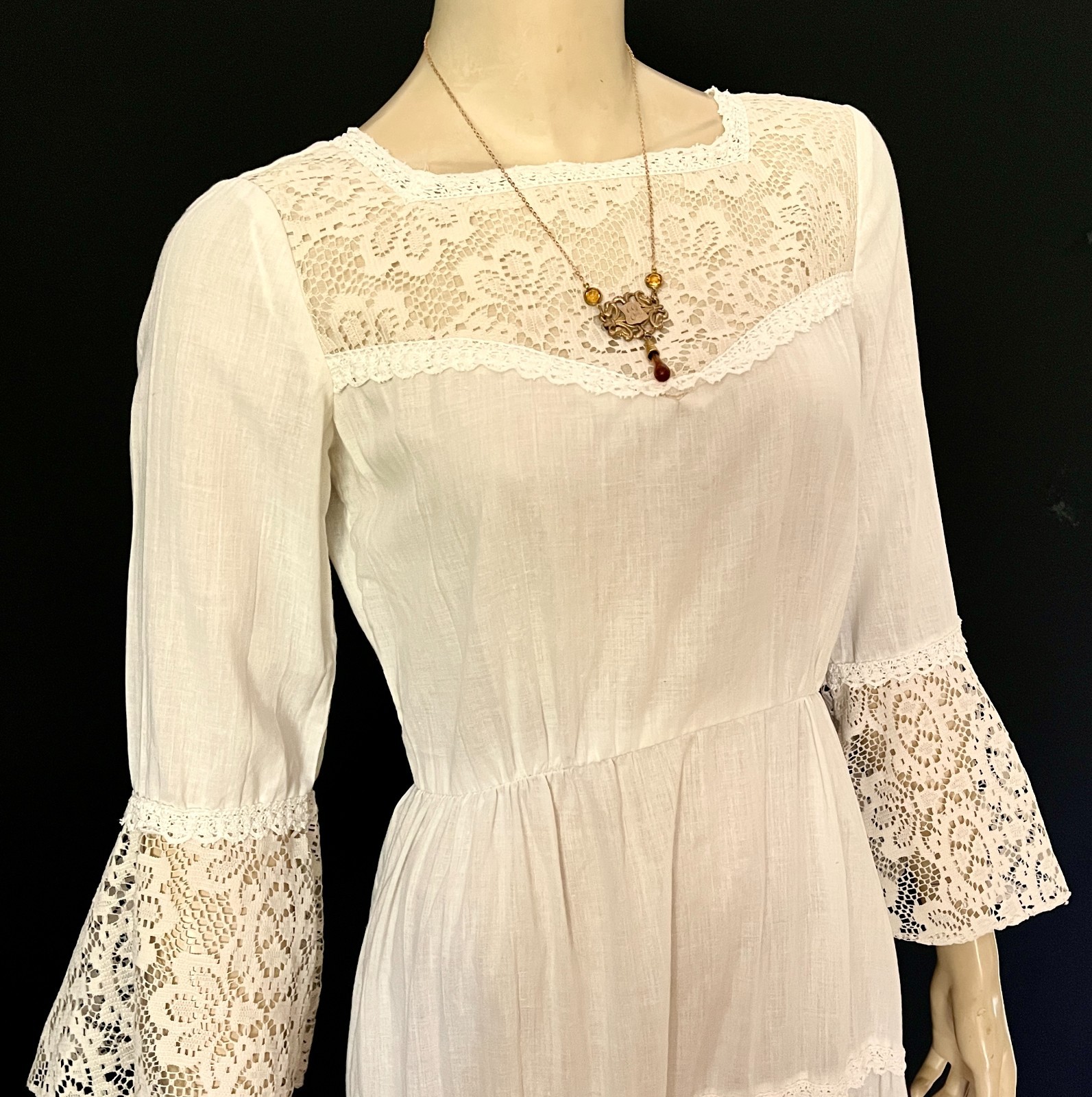 Off White 1970s Cottage Core Renaissance Style Maxi Dress by Peggy Barker, Small