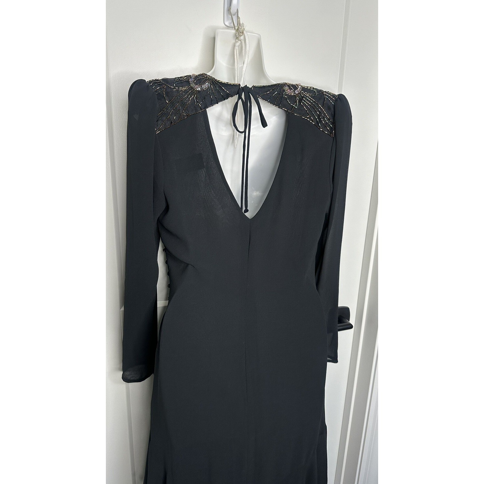 Vintage Casadei Black Chiffon Dress Beaded Shoulder RETRO GLAM SZ S
