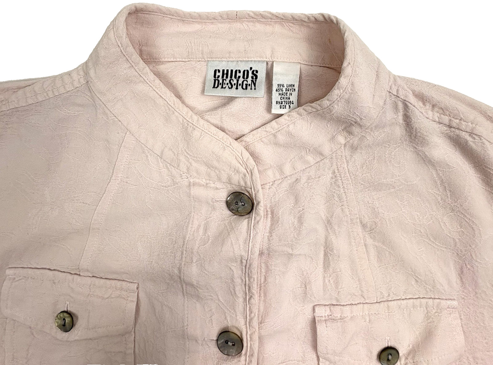 VTG Chico’s Design Linen Blend Jacket Pastel Pink Embossed Mandarin Collar L 3