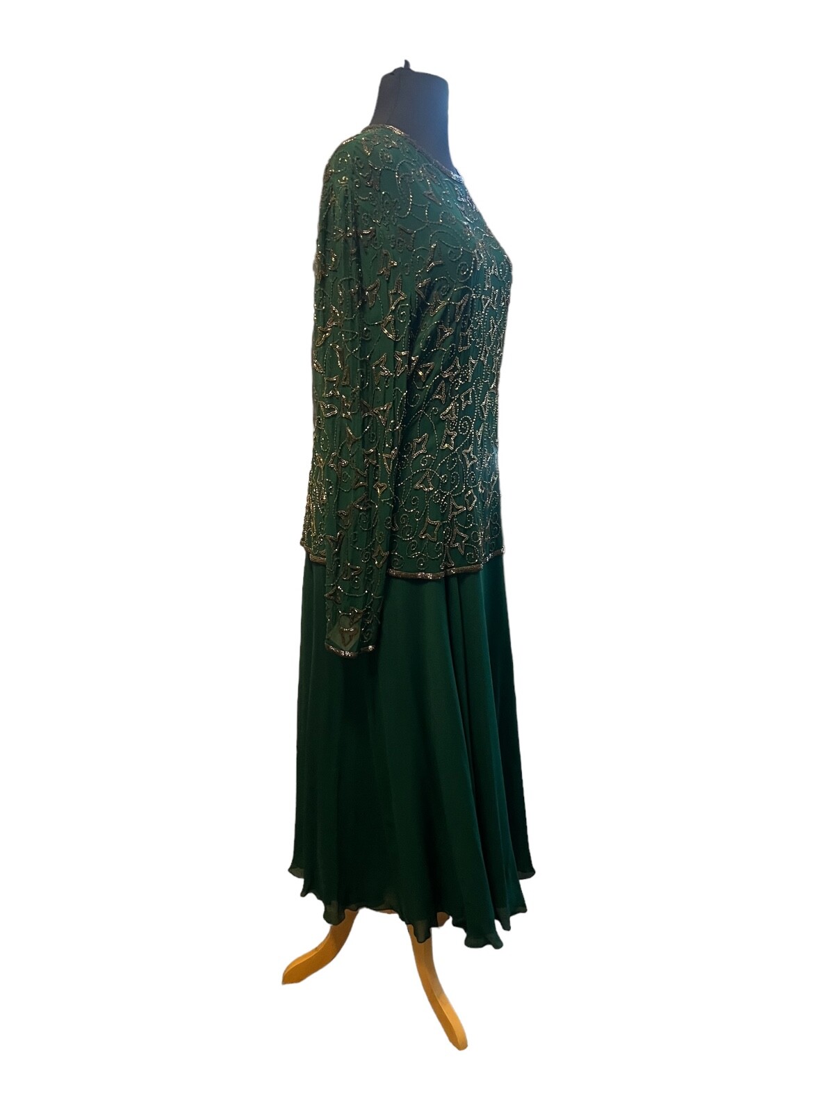 Vintage Evening Gown Niteline by Della Roufogali Green beaded Long sleeve, SZ 16