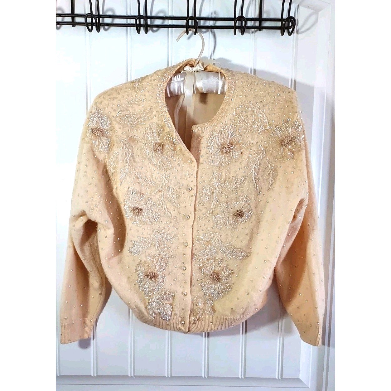 Casmira Beaded Cardigan Womens M Angora Wool Blend Vintage Pearl Button 50s