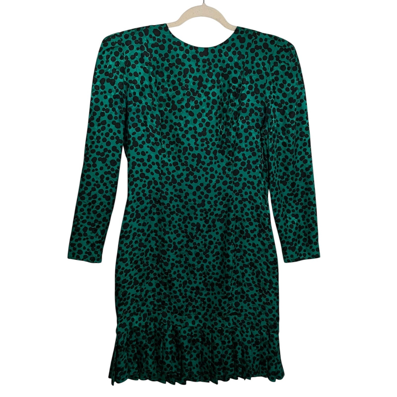 VTG Maggy London Sz 8 Green Black Polka Dot 100% Silk Dress Pleated Ruffle Hem